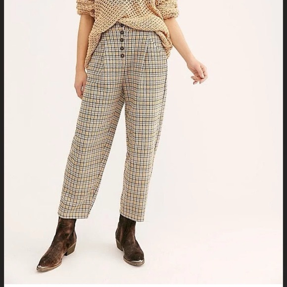 Free People High-Waist Plaid About You  Button-Front Trousers - size medium - Picture 2 of 9